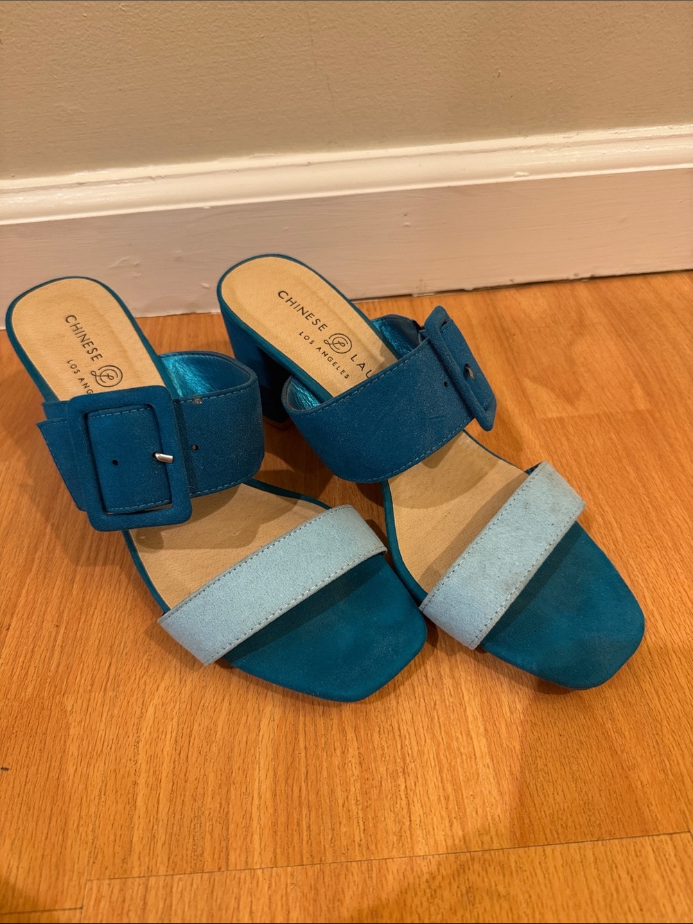 Chinese Laundry Two-Tone Teal and Light Blue Buckle Slide Heels
